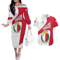 Malta Couples Matching Off The Shoulder Long Sleeve Dress and Hawaiian Shirt with Coat of Arms and Island Map Design - Wonder Print Shop