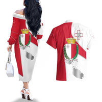 Malta Couples Matching Off The Shoulder Long Sleeve Dress and Hawaiian Shirt with Coat of Arms and Island Map Design - Wonder Print Shop