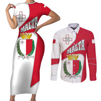 Malta Couples Matching Short Sleeve Bodycon Dress and Long Sleeve Button Shirt with Coat of Arms and Island Map Design - Wonder Print Shop