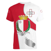 Malta Women V-Neck T-Shirt with Coat of Arms and Island Map Design - Wonder Print Shop