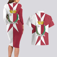 Malta Couples Matching Long Sleeve Bodycon Dress and Hawaiian Shirt with Red White Crossburst Design - Wonder Print Shop