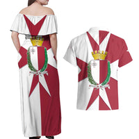Malta Couples Matching Off Shoulder Maxi Dress and Hawaiian Shirt with Red White Crossburst Design - Wonder Print Shop