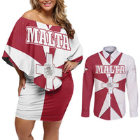 Malta Couples Matching Off Shoulder Short Dress and Long Sleeve Button Shirt with Red White Crossburst Design - Wonder Print Shop