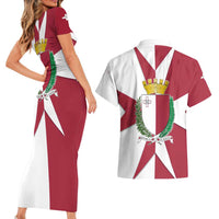 Malta Couples Matching Short Sleeve Bodycon Dress and Hawaiian Shirt with Red White Crossburst Design - Wonder Print Shop