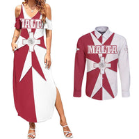 Malta Couples Matching Summer Maxi Dress and Long Sleeve Button Shirt with Red White Crossburst Design - Wonder Print Shop