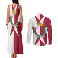 Malta Couples Matching Tank Maxi Dress and Long Sleeve Button Shirt with Red White Crossburst Design - Wonder Print Shop