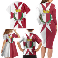 Malta Family Matching Long Sleeve Bodycon Dress and Hawaiian Shirt with Red White Crossburst Design - Wonder Print Shop