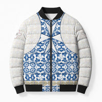 Malta Bomber Puffer Jacket with Blue White Tile Design and Maltese Cross Pattern - Wonder Print Shop