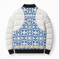 Malta Bomber Puffer Jacket with Blue White Tile Design and Maltese Cross Pattern - Wonder Print Shop