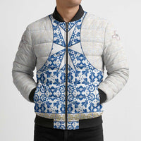 Malta Bomber Puffer Jacket with Blue White Tile Design and Maltese Cross Pattern - Wonder Print Shop