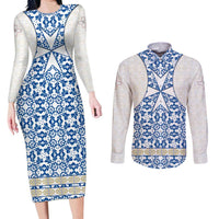Malta Couples Matching Long Sleeve Bodycon Dress and Long Sleeve Button Shirt with Blue White Tile Design and Maltese Cross Pattern - Wonder Print Shop