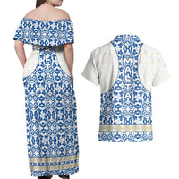 Malta Couples Matching Off Shoulder Maxi Dress and Hawaiian Shirt with Blue White Tile Design and Maltese Cross Pattern - Wonder Print Shop