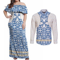 Malta Couples Matching Off Shoulder Maxi Dress and Long Sleeve Button Shirt with Blue White Tile Design and Maltese Cross Pattern - Wonder Print Shop