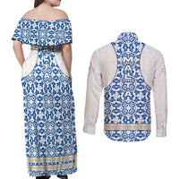 Malta Couples Matching Off Shoulder Maxi Dress and Long Sleeve Button Shirt with Blue White Tile Design and Maltese Cross Pattern - Wonder Print Shop