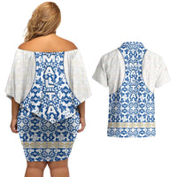Malta Couples Matching Off Shoulder Short Dress and Hawaiian Shirt with Blue White Tile Design and Maltese Cross Pattern - Wonder Print Shop