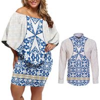 Malta Couples Matching Off Shoulder Short Dress and Long Sleeve Button Shirt with Blue White Tile Design and Maltese Cross Pattern - Wonder Print Shop