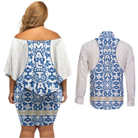 Malta Couples Matching Off Shoulder Short Dress and Long Sleeve Button Shirt with Blue White Tile Design and Maltese Cross Pattern - Wonder Print Shop