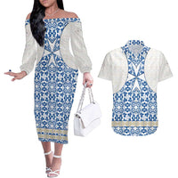 Malta Couples Matching Off The Shoulder Long Sleeve Dress and Hawaiian Shirt with Blue White Tile Design and Maltese Cross Pattern - Wonder Print Shop