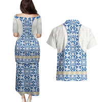 Malta Couples Matching Puletasi and Hawaiian Shirt with Blue White Tile Design and Maltese Cross Pattern - Wonder Print Shop