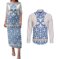 Malta Couples Matching Puletasi and Long Sleeve Button Shirt with Blue White Tile Design and Maltese Cross Pattern - Wonder Print Shop
