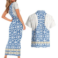 Malta Couples Matching Short Sleeve Bodycon Dress and Hawaiian Shirt with Blue White Tile Design and Maltese Cross Pattern - Wonder Print Shop