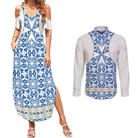 Malta Couples Matching Summer Maxi Dress and Long Sleeve Button Shirt with Blue White Tile Design and Maltese Cross Pattern - Wonder Print Shop