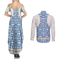Malta Couples Matching Summer Maxi Dress and Long Sleeve Button Shirt with Blue White Tile Design and Maltese Cross Pattern - Wonder Print Shop