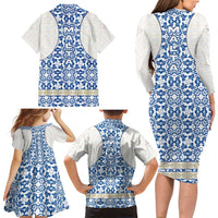 Malta Family Matching Long Sleeve Bodycon Dress and Hawaiian Shirt with Blue White Tile Design and Maltese Cross Pattern - Wonder Print Shop