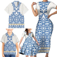 Malta Family Matching Short Sleeve Bodycon Dress and Hawaiian Shirt with Blue White Tile Design and Maltese Cross Pattern - Wonder Print Shop