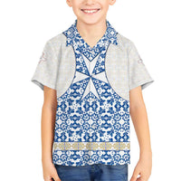Malta Family Matching Short Sleeve Bodycon Dress and Hawaiian Shirt with Blue White Tile Design and Maltese Cross Pattern - Wonder Print Shop