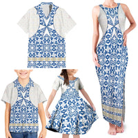 Malta Family Matching Tank Maxi Dress and Hawaiian Shirt with Blue White Tile Design and Maltese Cross Pattern - Wonder Print Shop