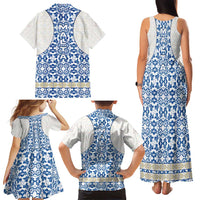 Malta Family Matching Tank Maxi Dress and Hawaiian Shirt with Blue White Tile Design and Maltese Cross Pattern - Wonder Print Shop