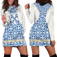 Malta Hoodie Dress with Blue White Tile Design and Maltese Cross Pattern - Wonder Print Shop