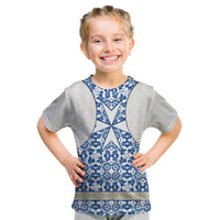 Malta Kid T Shirt with Blue White Tile Design and Maltese Cross Pattern - Wonder Print Shop