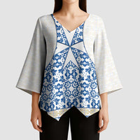 Malta Kimono Sleeve Blouse with Blue White Tile Design and Maltese Cross Pattern - Wonder Print Shop
