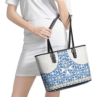 Malta Leather Tote Bag with Blue White Tile Design and Maltese Cross Pattern - Wonder Print Shop