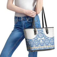 Malta Leather Tote Bag with Blue White Tile Design and Maltese Cross Pattern - Wonder Print Shop