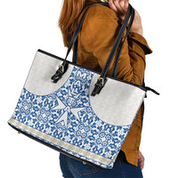 Malta Leather Tote Bag with Blue White Tile Design and Maltese Cross Pattern - Wonder Print Shop