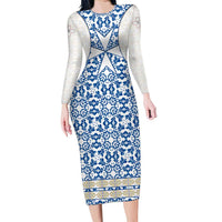 Malta Long Sleeve Bodycon Dress with Blue White Tile Design and Maltese Cross Pattern - Wonder Print Shop