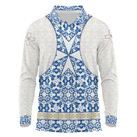 Malta Long Sleeve Polo Shirt with Blue White Tile Design and Maltese Cross Pattern - Wonder Print Shop