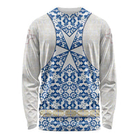 Malta Long Sleeve Shirt with Blue White Tile Design and Maltese Cross Pattern - Wonder Print Shop