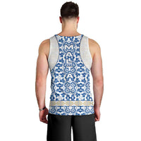 Malta Men Tank Top with Blue White Tile Design and Maltese Cross Pattern - Wonder Print Shop