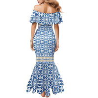 Malta Mermaid Dress with Blue White Tile Design and Maltese Cross Pattern - Wonder Print Shop