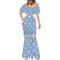 Malta Mermaid Dress with Blue White Tile Design and Maltese Cross Pattern - Wonder Print Shop