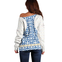 Malta Off Shoulder Sweater with Blue White Tile Design and Maltese Cross Pattern - Wonder Print Shop