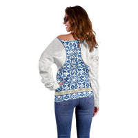 Malta Off Shoulder Sweater with Blue White Tile Design and Maltese Cross Pattern - Wonder Print Shop