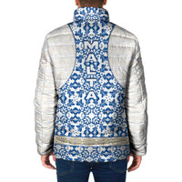Malta Padded Jacket with Blue White Tile Design and Maltese Cross Pattern - Wonder Print Shop