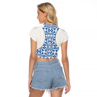 Malta Raglan Cropped T Shirt with Blue White Tile Design and Maltese Cross Pattern - Wonder Print Shop