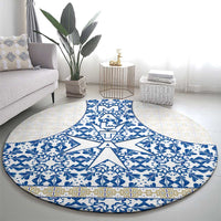 Malta Round Carpet with Blue White Tile Design and Maltese Cross Pattern - Wonder Print Shop