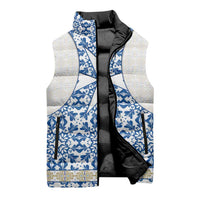 Malta Sleeveless Puffer Jacket with Blue White Tile Design and Maltese Cross Pattern - Wonder Print Shop